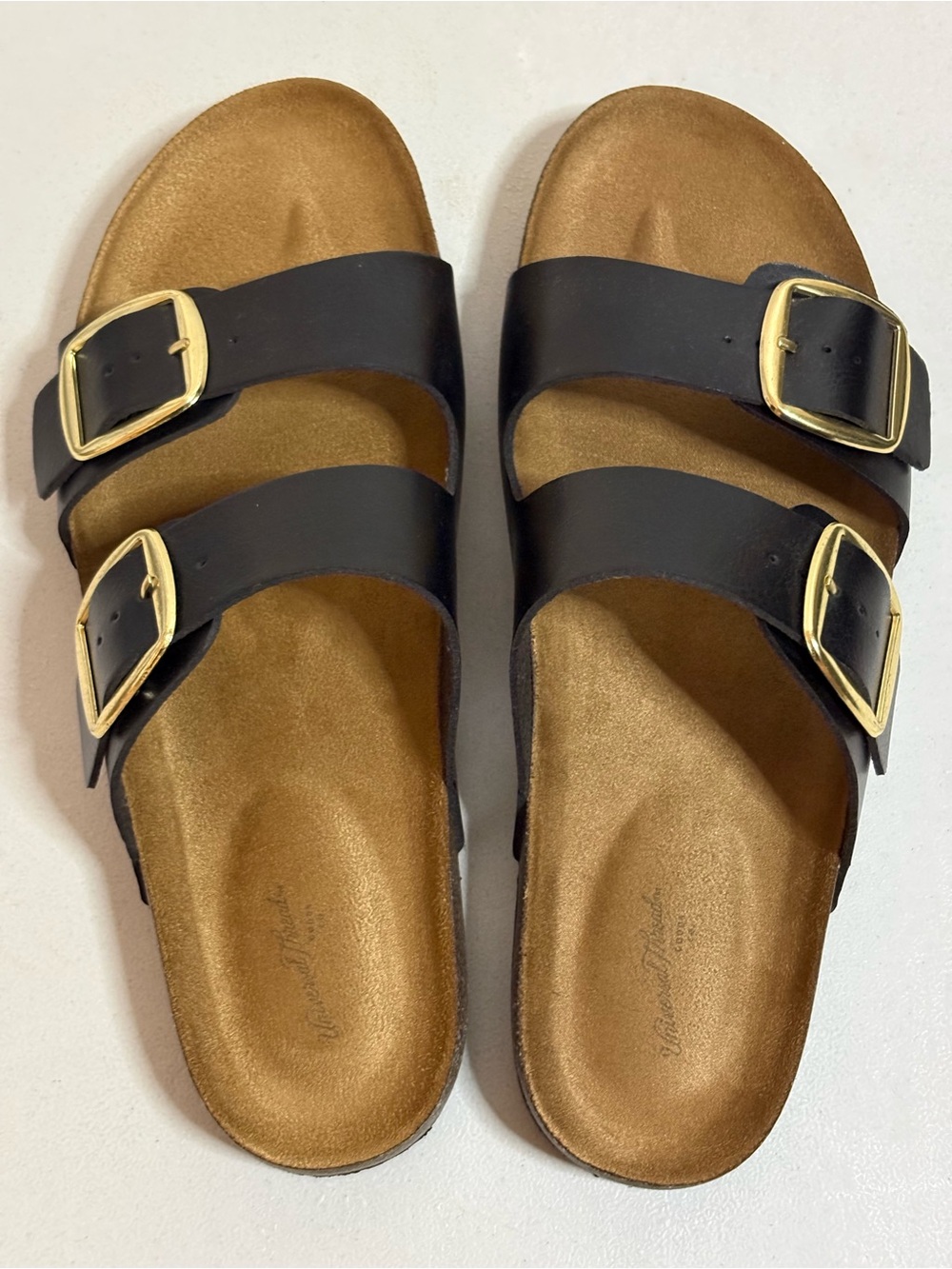 Universal Thread Black & Gold Double-Buckle Sandals with Textile Lining, Sz 9.5